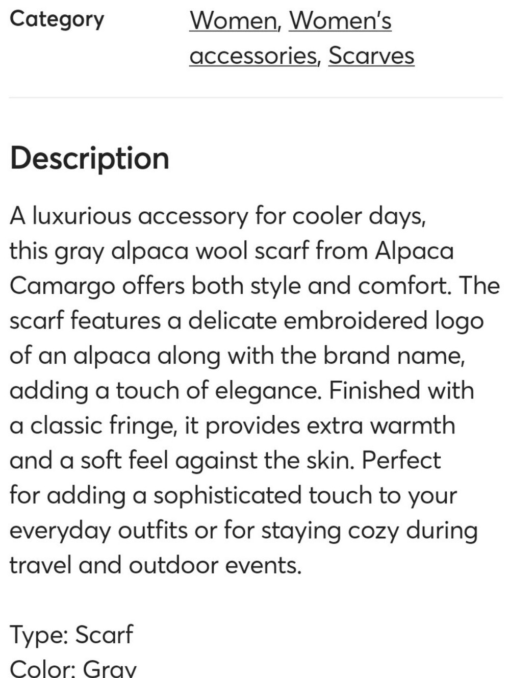 Alpaca Camargo Light Gray Fringe Scarf Unisex - Picture 9 of 10